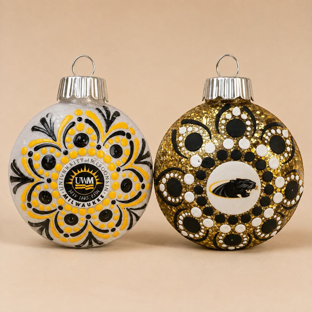 Set of 2 UWM Panthers Shatterproof 3 Inch Hand Painted Ornaments